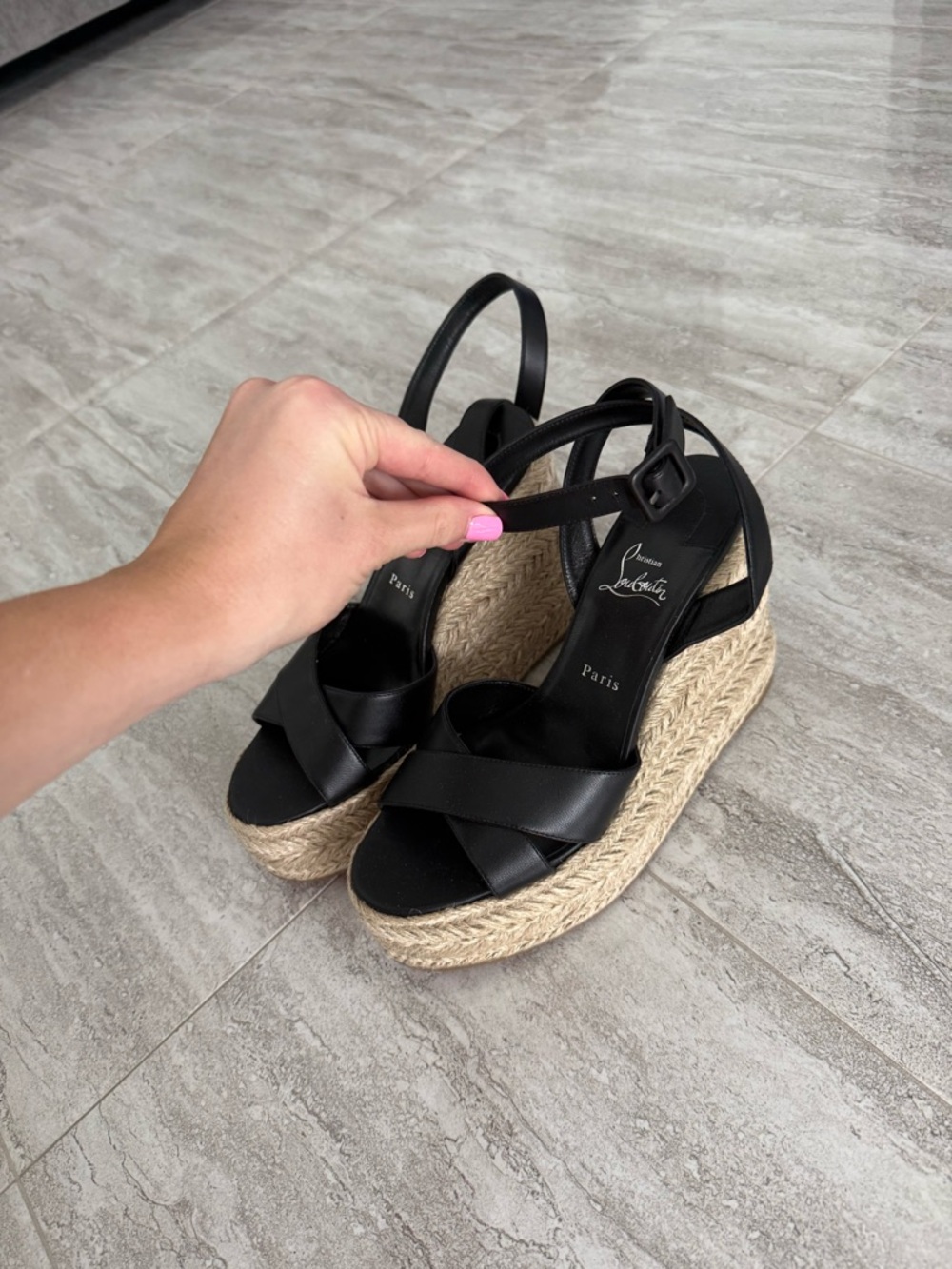 Christian Louboutin Black Leather Espadrille Wedge Sandals - Picture 2 of 13